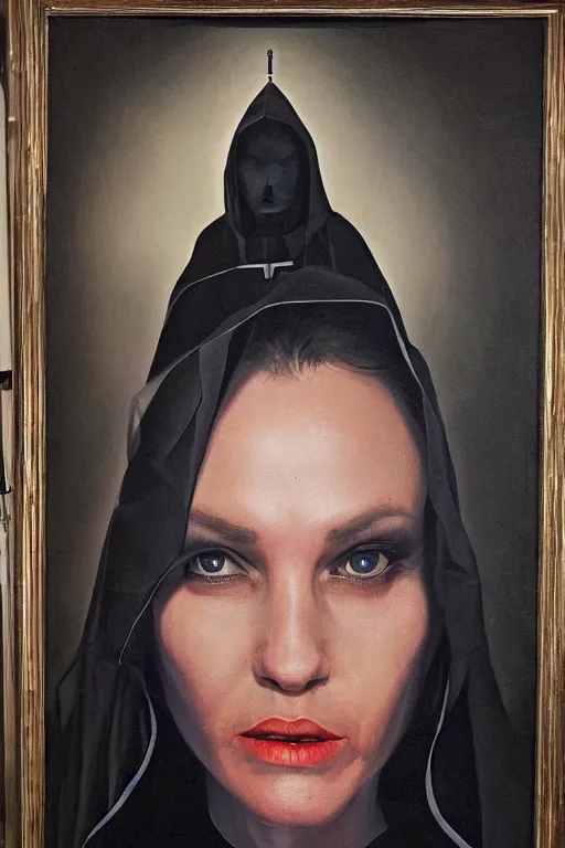 Image similar to hyperrealism oil painting mixed with 8 0 s sci - fi art, complete darkness background, close - up face portrait from above, nun fashion model, lost her faith