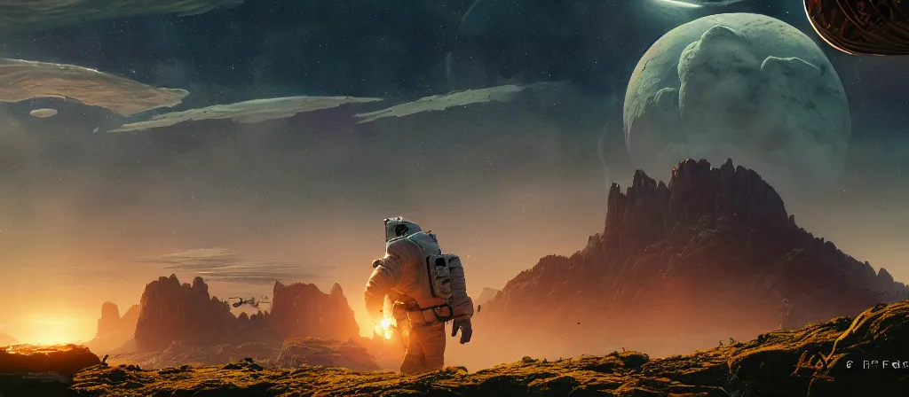 Image similar to one astronaut on forest planet, beautiful dynamic lighting, cinematic, wide angle establishing shot, extremely high detail, photo realistic, cinematic lighting, post processed, concept art, artstation, matte painting, style by frederic church, raphael lacoste, unreal engine 8 k, roger deakins