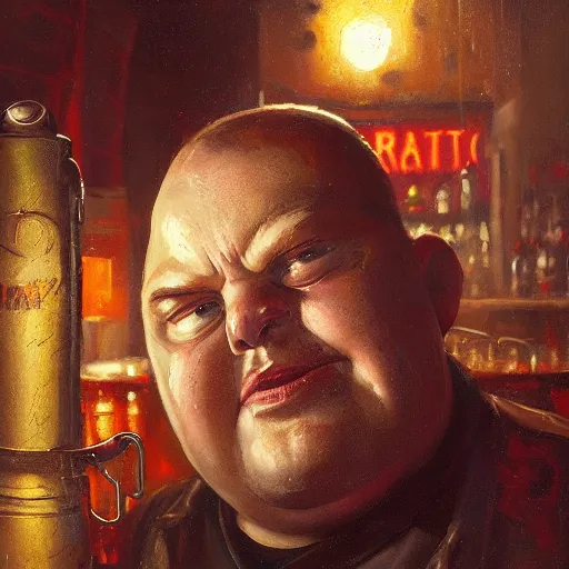 Prompt: closeup portrait of an overweight barkeeper, prosthetic robot arm, ratz, neuromancer, bar background, painted by greg rutkowski, painted by igor kieryluk, high detail, dramatic light, digital art, trending on artstation