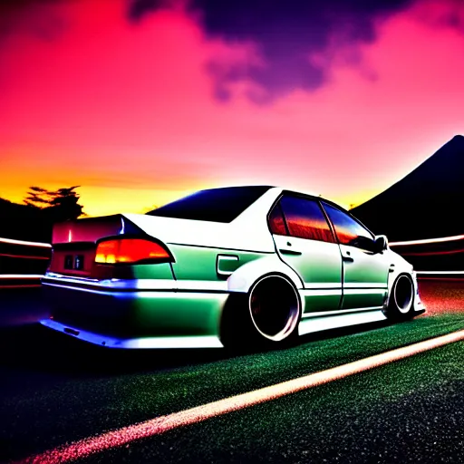 Image similar to a car drift spec JZX100 in middle of road, gunma prefecture, city sunset night, cinematic color, photorealistic, highly detailed