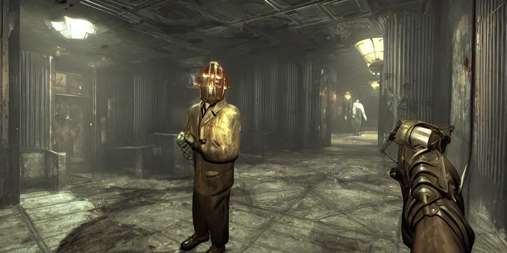 Image similar to bioshock big daddy bouncer in a dark hallway, grimy, grungy, rapture.