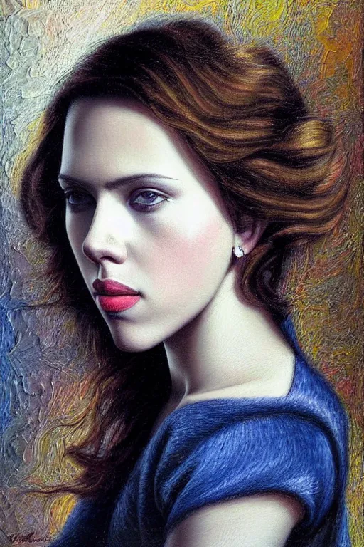 Prompt: oil painting, portrait of scarlett johansson, artwork by edward robert hughes