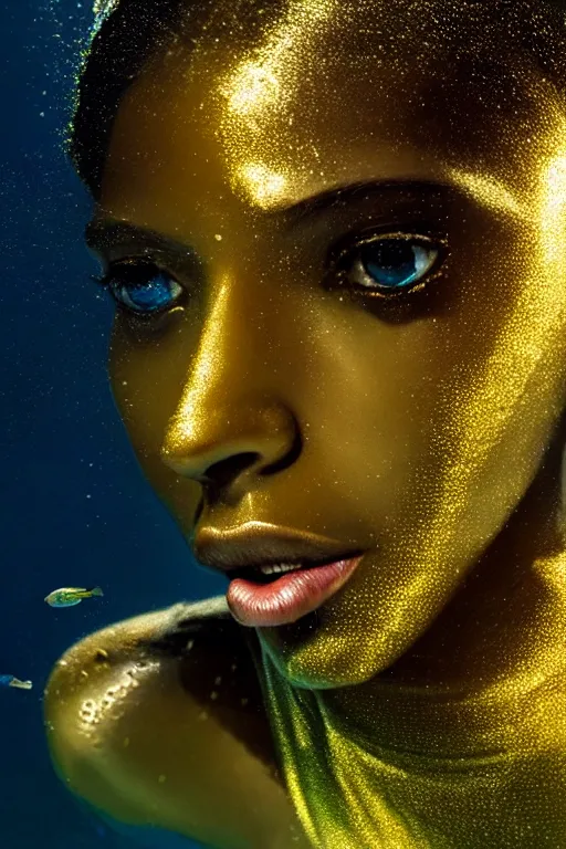 Prompt: hyperrealistic neo - modern cinematic half underwater scene with fish and algae, very expressive! translucent elegant african goddess getting out of water, gold jewerly, highly detailed face, digital art masterpiece, aykut aydogdu zener, dramatic volumetric light, long shot, low angle uhd 8 k, sharp focus