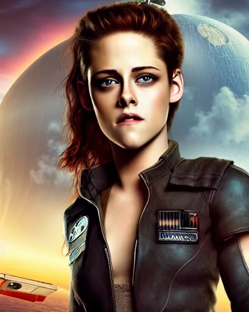 Prompt: kristen stewart ( from twilight ) portraying a beautiful jaina solo from star wars legends, beautiful kristen stewart jaina solo as a rogue squadron pilot, without lightsaber, movie, hyper realistic, hollywood promotional image, imax, 8 k