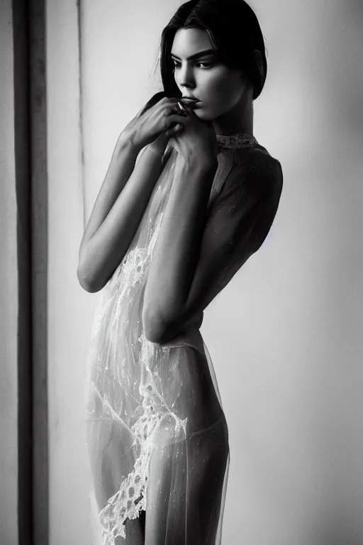 Image similar to emotionnal shot. fragile shy woman looking like Kendall Jenner with sheer dress with plunging neckline and lace sleeves. award-winning fashion photography. intimate and vulnerable lighting. 130mm bw fashion photography .