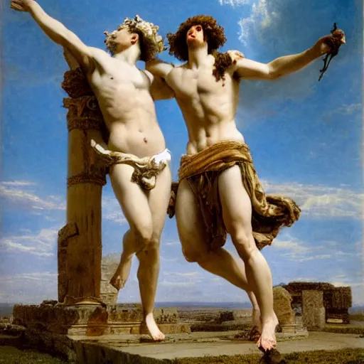 Image similar to the god of love eros soaring in the skies with apollo, ancient ruins by lawrence alma - tadema style, very detailed, anatomically correct, path traced lighting, soft natural lighting, only two gods