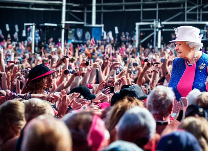 Image similar to photo still of queen elizabeth at vans warped tour!!!!!!!! at age 7 0 years old 7 0 years of age!!!!!!! throwing down in the mosh pit, 8 k, 8 5 mm f 1. 8, studio lighting, rim light, right side key light