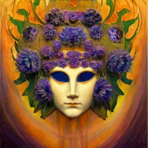 Image similar to masterpiece painting of a facemask made of stylized flowers, by annie swynnerton and jean delville and tino rodriguez and john watkiss, flower mask, art deco shaman, symbolist, dramatic lighting, god rays, elaborate geometric ornament, clean crisp graphics, soft cool colors, smooth, sharp focus, extremely detailed