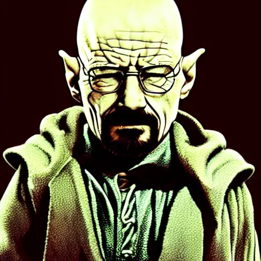 Image similar to Walter white as Yoda, punk rock, retro futuristic