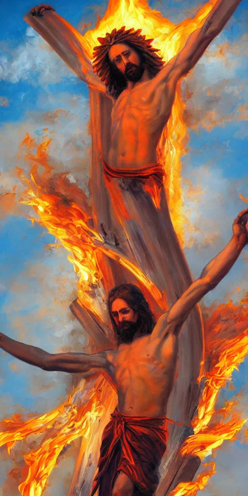 Image similar to Concept art of flaming Jesus on the cross, trending on artstation, oil on canvas, vivid color, ultra detailed.