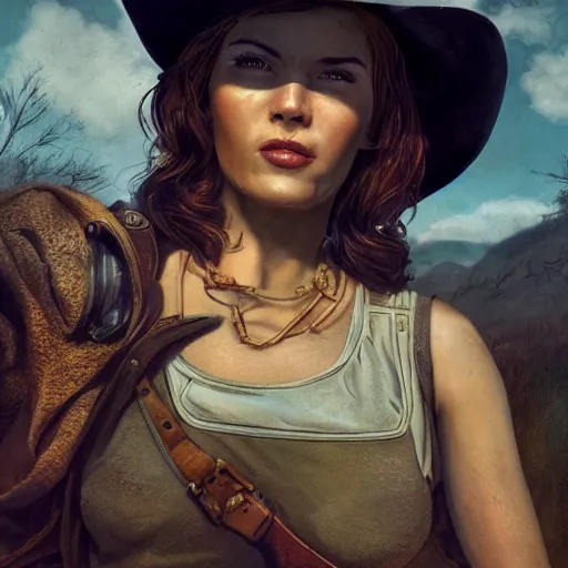 Image similar to fallout 5, charismatic beautiful, rugged, brunette female protagonist wearing a cowboy - hat, portrait, outdoors ruined coastal area, atmospheric lighting, painted, intricate, volumetric lighting, beautiful, spring, sharp focus, warm deep colours, ultra detailed, by leesha hannigan, ross tran, thierry doizon, kai carpenter, ignacio fernandez rios