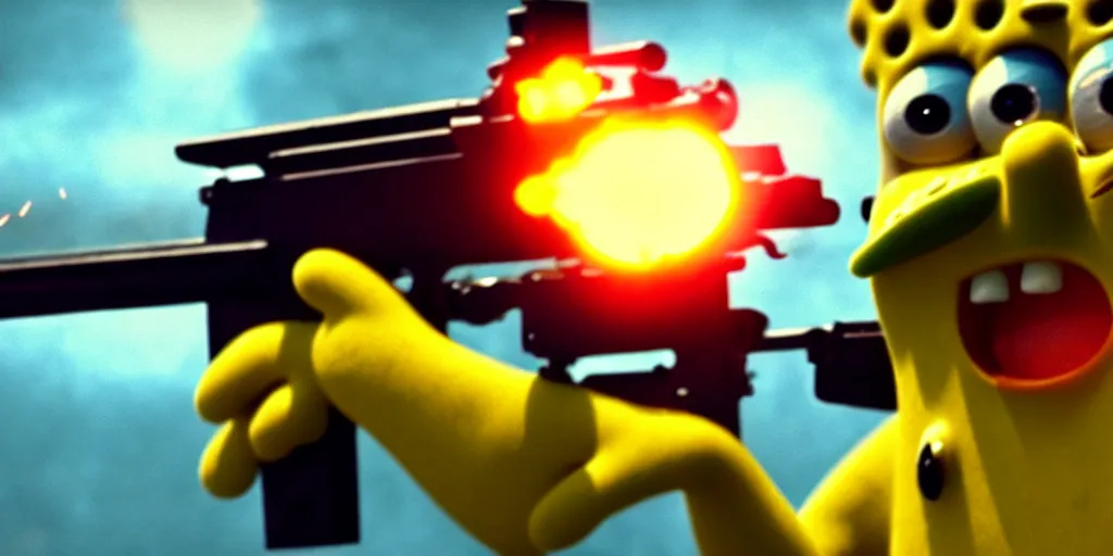 Image similar to high detail movie still of ultra realistic spongebob squarepants shooting an ak - 4 7 machine gun with muzzle flash, cinematic framing rule of thirds, cinematic light, in the style of battle field 5