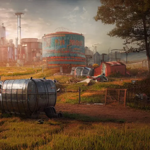 Image similar to fully detailed landscape of a cyberpunk farm , watertank, futuristic tractors, farmhouse, mushroom, overgrowth, Ai , in the future, high quality, 8k , octane render, trending on artstation , greg rutowski