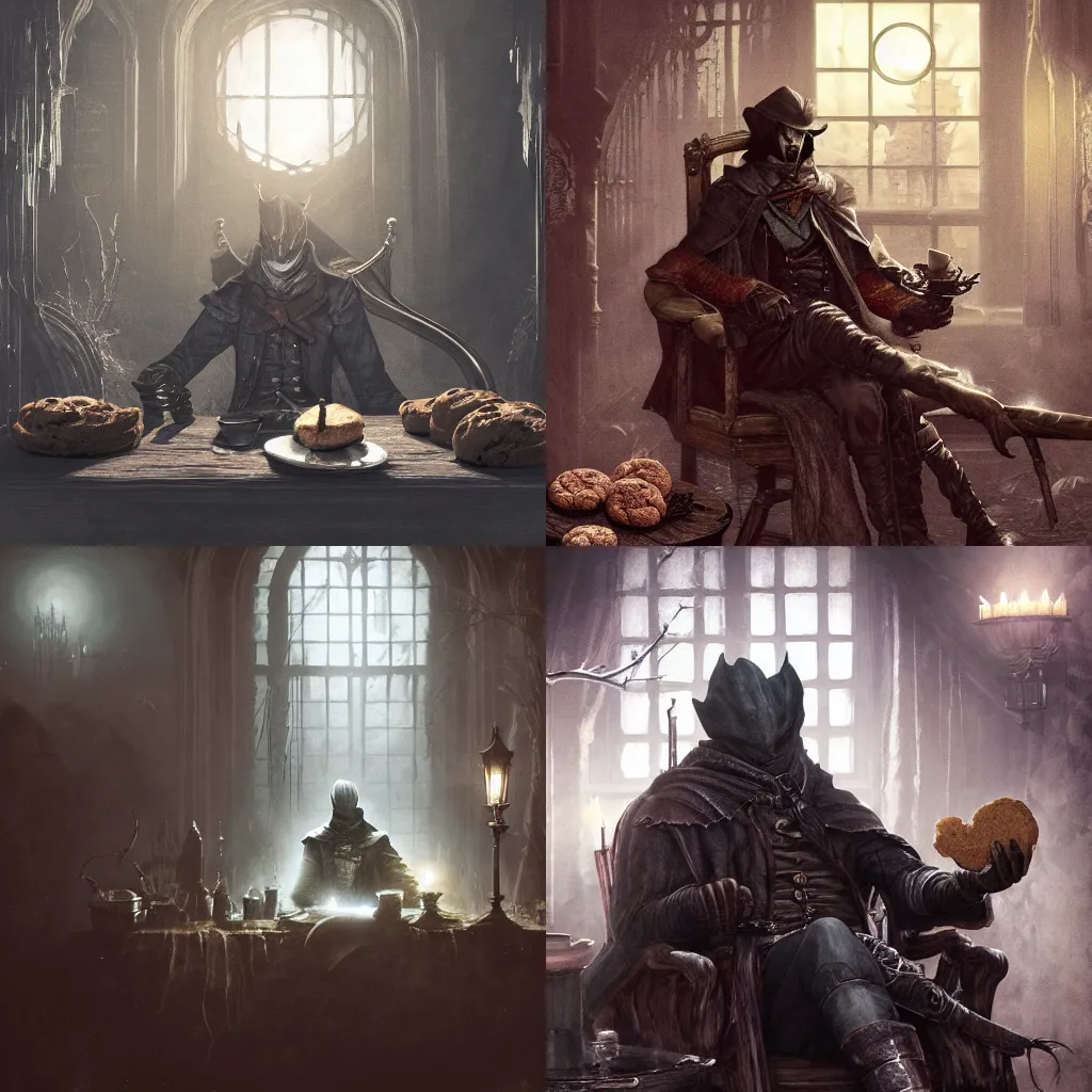 Prompt: grinning bloodborne hunter relaxing in a cozy yharnam coffee shop, surrounded by bread, cookies, and pastry, warm lighting, moody shadows, moonlight streaming through the window, faint dust in the air, trending on artstation