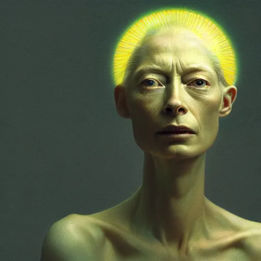 Image similar to Woman masterpiece, Tilda Swinton, yellow, golden halo behind her head, wires everywhere, by Edgar Maxence and Ross Tran, Zdzisław Beksiński, and Michael Whelan, distant, gustav dore, H.R. Giger, 8k, octane render