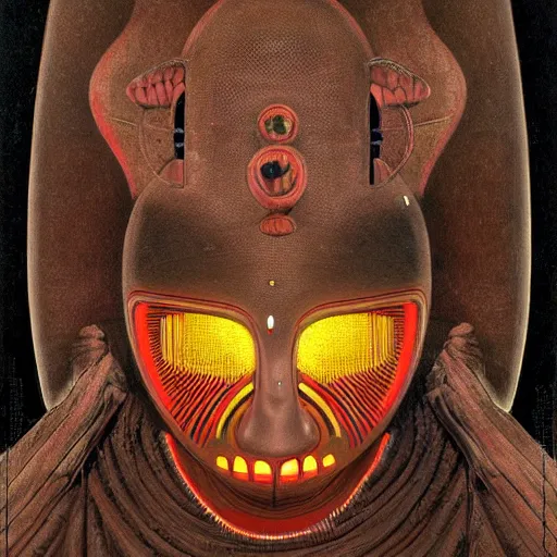 Prompt: a dogon priest wearing a large wooden mask with neon lights, manipulating dark matter in the third eye void space, by anton semenov and wayne barlowe