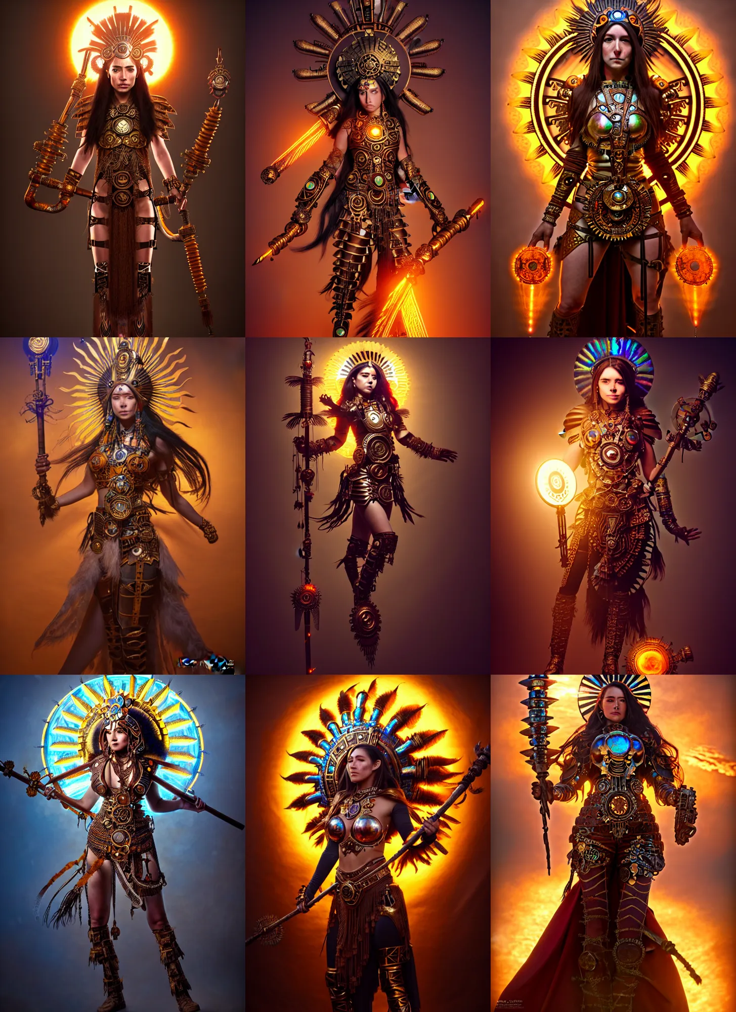 Prompt: aztec sun goddess steampunk armor brandishing a celestial staff, extremely detailed, iridescent, high quality, epic, futuristic, octane render, beautiful, shimmering, deity leesha hannigan, ross tran, thierry doizon, kai carpenter, ignacio fernandez rios