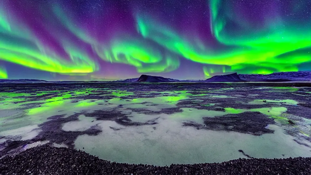 Prompt: summer iceland astrophotography, beautiful night sky, aurora borealis, award winning photograph, national geographic, vincent van gogh, colorful