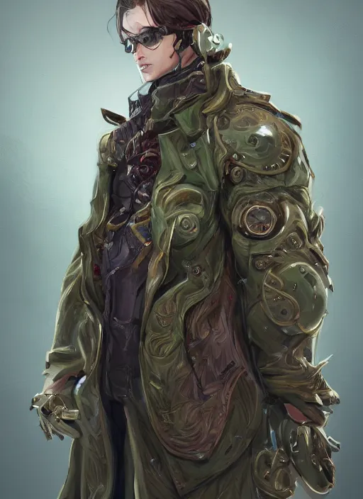 Image similar to a highly detailed illustration of thick wavy brown haired young white guy wearing brown detective trench coat and wearing dark green mask, with many long mechanical arms on his back, dramatic standing pose, intricate, elegant, highly detailed, centered, digital painting, artstation, concept art, smooth, sharp focus, league of legends concept art, WLOP