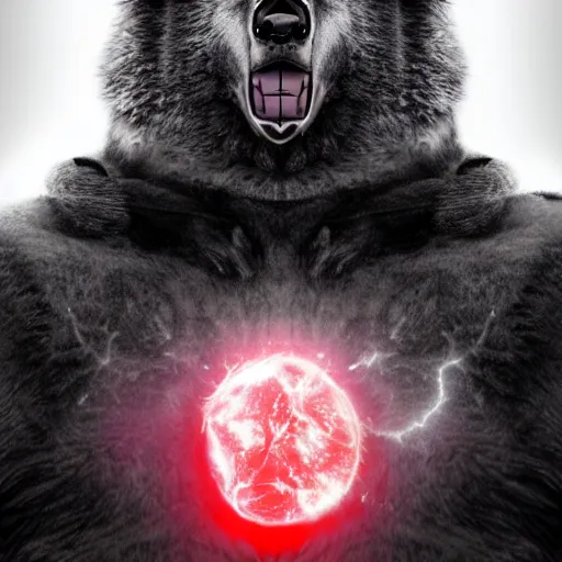 Image similar to berserker bear, wearing hood and torn cape, red glowing eyes, wearing magic orb in neck, dark background, cinematic lightning, hyper realism, centered, white and black clothing, black hair, exquisite detail, 4k