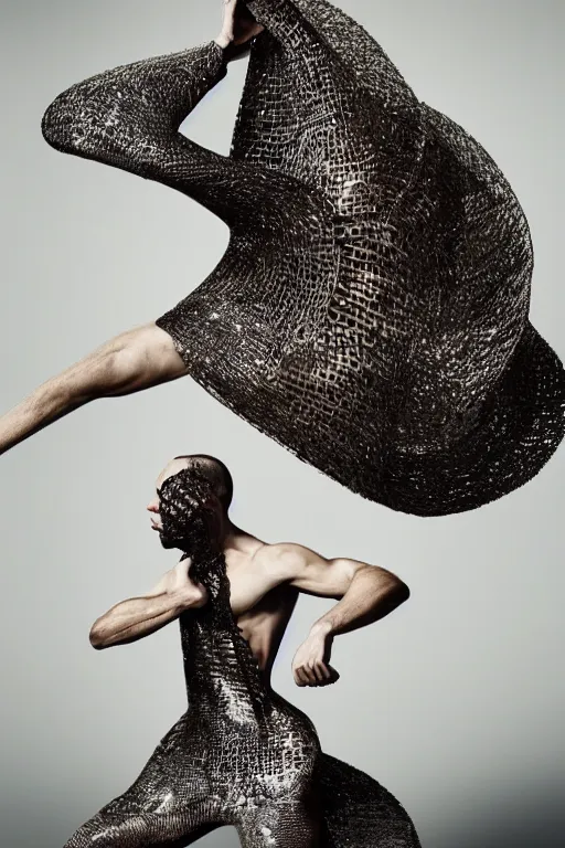 Prompt: a beautiful male dancer wearing iris van herpen couture, photographed by erwin olaf for vogue