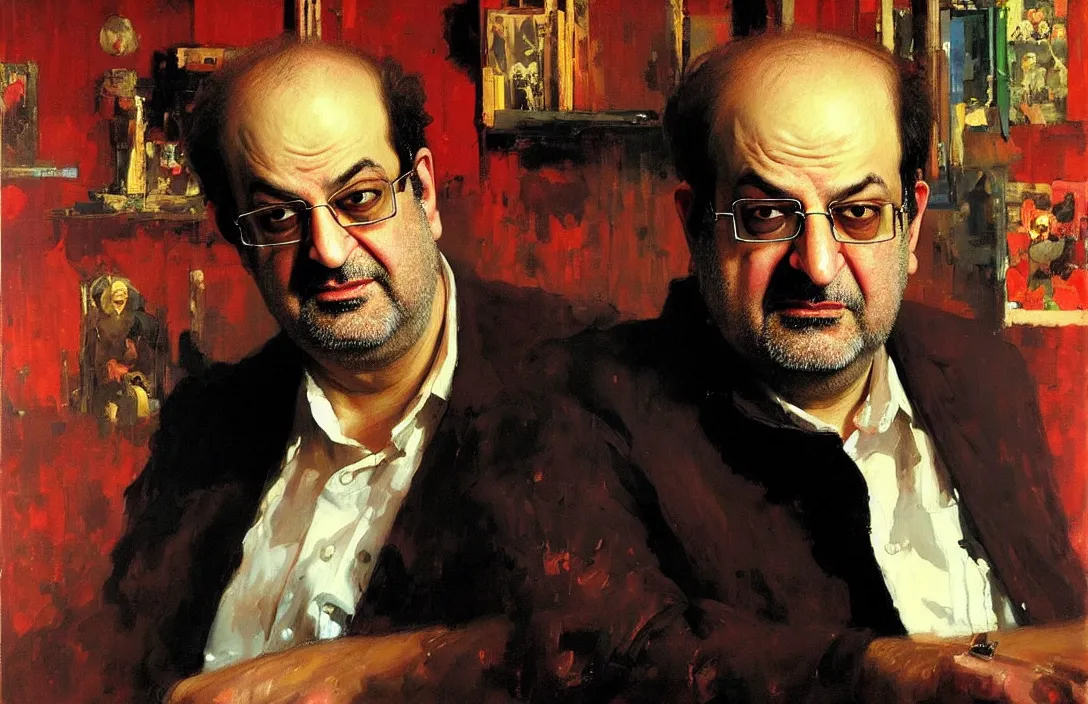Image similar to portrait of salman rushdie!!!!!!!!!!!!!!!!!!!!!!!!!!!, detailed face, detailed painting, epic lighting, by ilya repin, phil hale and kent williams