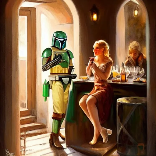 Image similar to (((Boba Fett))) and a beautiful young blonde drinking beer in a wine cellar, food, meat, schnapps, torches on the wall, romantic, inviting, cozy, painting by Vladimir Volegov