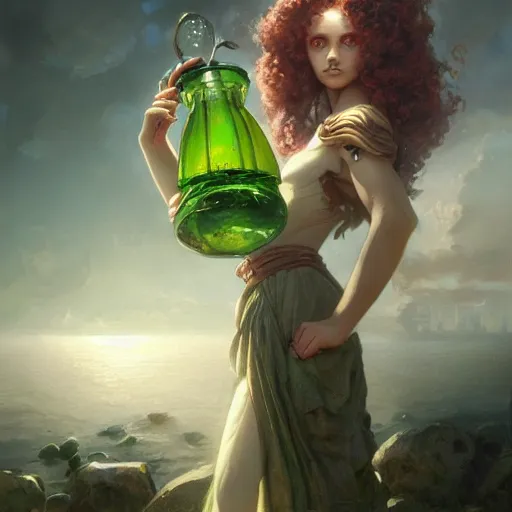 Prompt: gorgeous italian alchemist girl with ringlets holding a green flask, HD, D&D 4k, 8k, incredibly detailed, intricate, masterpiece, digital illustration by greg rutkowski and tom bagshaw, trending on artstation, character design, concept art