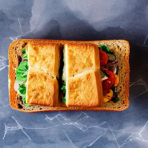 Image similar to sandwich bread with fried tofu, also tomato, onion, avocado and cheddar, over a dish and over a table, sunset background with saturn in the sky, studio photo, amazing light