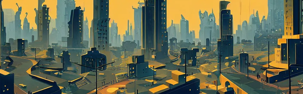 Image similar to sci - fi city street with faceted angular buildings, modernism, gouache, animated film, stylised, illustration, by eyvind earle, scott wills, genndy tartakovski, syd mead