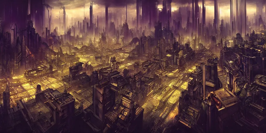 Image similar to axonometric cyberpunk city, by Rolf Armstrong and Evelyn De Morgan and Bastien Lecouffe-Deharme, dramatic lighting, high contrast colors, baroque, empyrean, panoramic view, as trending on Artstation, highly detailed, cryengine,