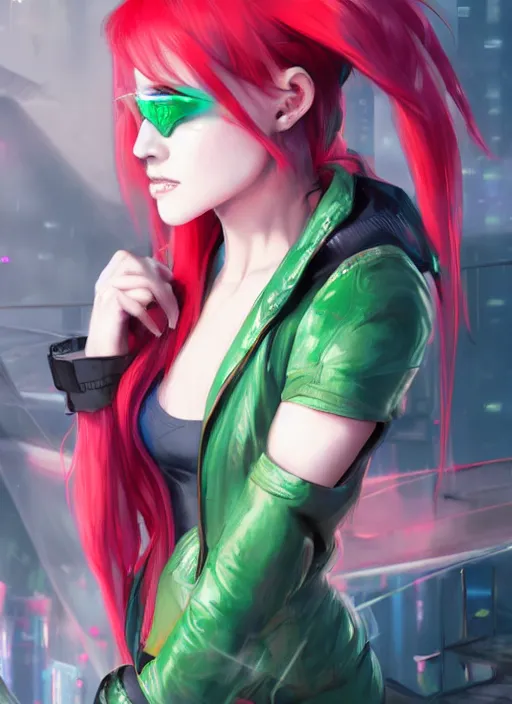 Prompt: cyberpunk woman with green hair wearing futuristic clothes and a red plaid miniskirt, beautiful face, by wlop, by artgerm, by yoshitaka amano, digital art, matte art, octane render, lineart, pop art