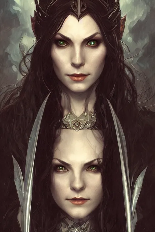 Image similar to portrait of a vampire elven archer, dark, piercing eyes, gentle expression, elegant clothing, photorealistic, highly detailed, artstation, smooth, sharp focus, art by michael whelan, artgerm, greg rutkowski and alphonse mucha