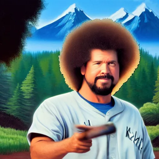 Image similar to a closeup photorealistic photograph of bob ross painting an image of kenny powers pitching a baseball on a canvas. mountains and trees. film still. brightly lit scene. this 4 k hd image is trending on artstation, featured on behance, well - rendered, extra crisp, features intricate detail, epic composition and the style of unreal engine.