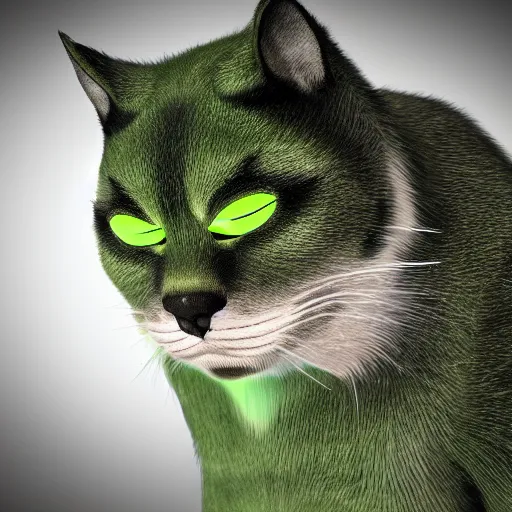 Image similar to photorealistic 8k render of a supermutant enhanced green cat with long moustache and strong muscles