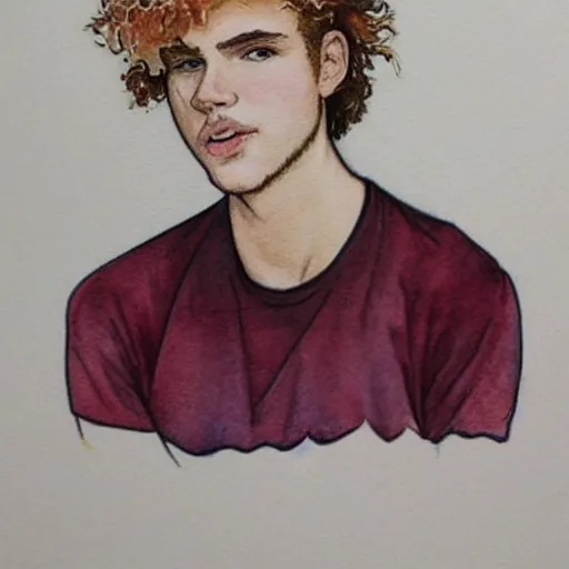 Image similar to abstract experimental watercolor drawing of a young cute handsome beautiful strawberry blond medium curly hair man in his early 2 0 s wearing a blank maroon t - shirt with grey - blue eyes, by elizabeth peyton and alphonse mucha, trending on artstation, artgen