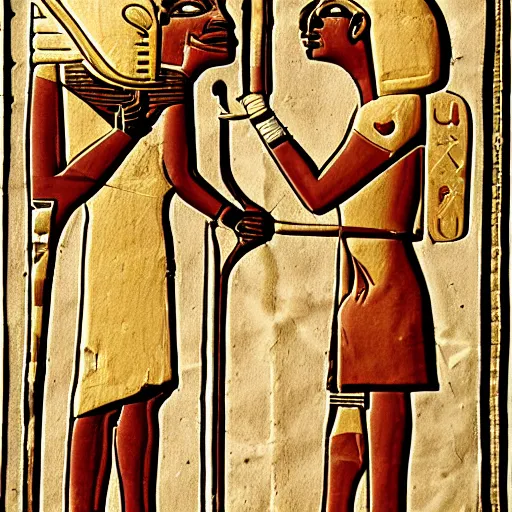 Prompt: pharaonic drawing on papyrus of a Pharaoh proposing to his lover