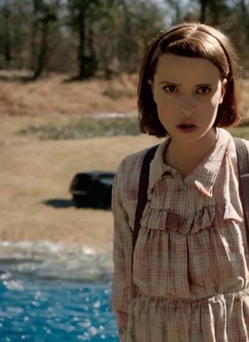 Prompt: film still of zooey channel as Eleven in stranger things,