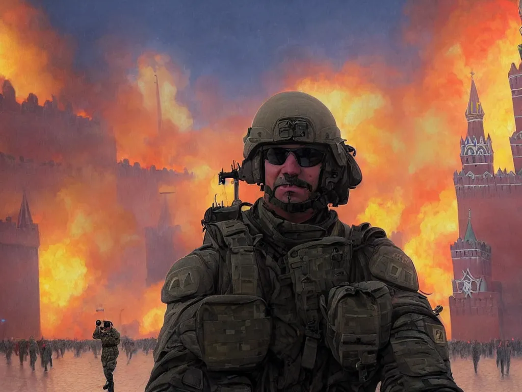 Image similar to special forces nato soldier with yellow shoulder patch takes selfie at red square kremlin burning in the background, d & d, fantasy, bright atmosphere, volumetric lights, intricate, elegant, extremely detailed, digital painting, artstation, concept art, matte, smooth, sharp focus, hyper realistic, illustration, art by artgerm and greg rutkowski and alphonse mucha