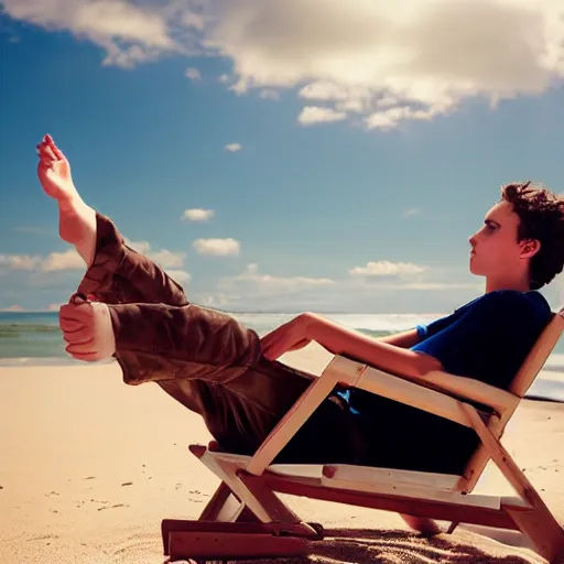 Prompt: portrait of a beautiful teenage boy, around 22 yo, natural brown hair sitting on a deckchair on the beach. Detailed face, blue sky. Award winning photograph.