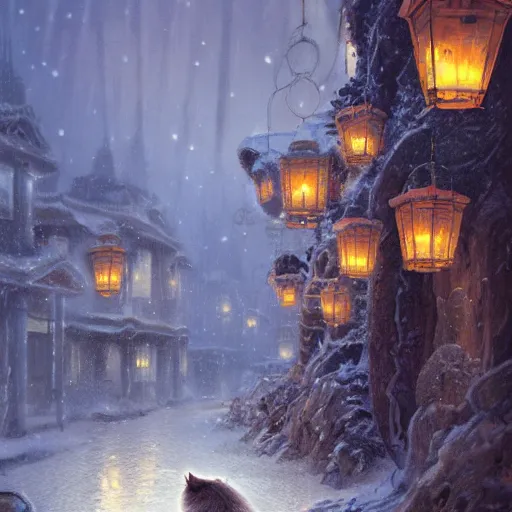 Image similar to concept art, siberian cat behind lanterns, 8 k, by james gurney, greg rutkowski, john howe, artstation