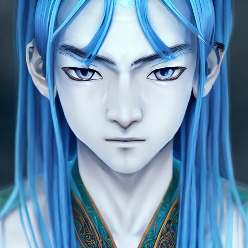 Image similar to an immortal xianxia cultivator with long blue hair as an absurdly handsome, elegant, young anime man, ultrafine hyperrealistic detailed face illustration by kim jung gi, irakli nadar, intricate linework, sharp focus, bright colors, matte, gujian, final fantasy, unreal engine highly rendered, global illumination, radiant light, intricate environment