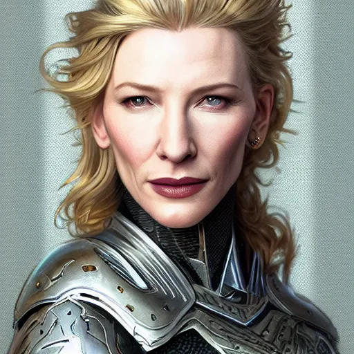 Prompt: portrait of cate blanchett in a platinum armor, intricate, headshot, highly detailed, digital painting, artstation, concept art, sharp focus, cinematic lighting, illustration, art by artgerm and greg rutkowski, alphonse mucha, cgsociety