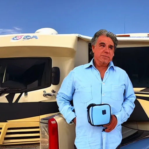 Image similar to current president of uruguay Lacalle Pou holding a ziplock bag with baby blue meth, desert background, next to an rv, by stephen bliss, gta loading screen