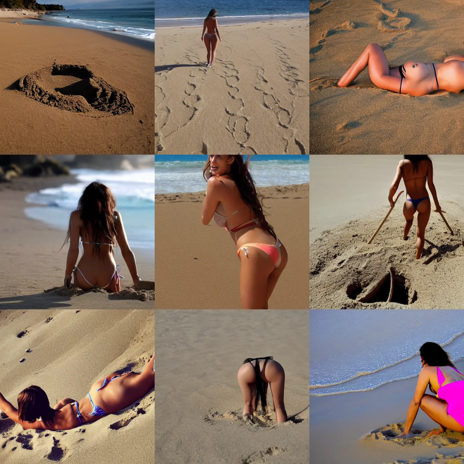 Prompt: woman in bikini from behind long hair defined artistic sharp digging a hole in the sand