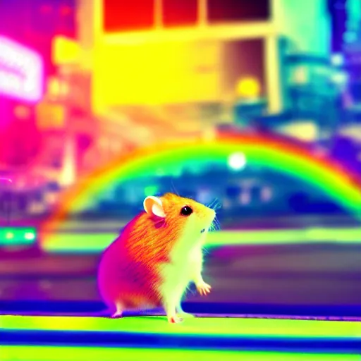 Image similar to hamster in a rainbow cyberpunk city with bright neon lights, 8 k, hd, light reflection