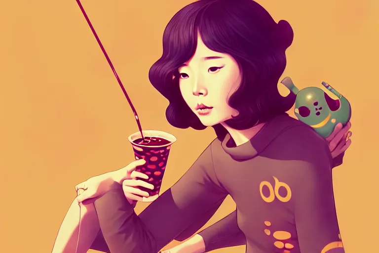 Image similar to drinking boba tea, 6 0 s art, flat, adorable, phantom, dreary, dramatic, fluid, golden ratio, artstation, moebius + loish, hd,