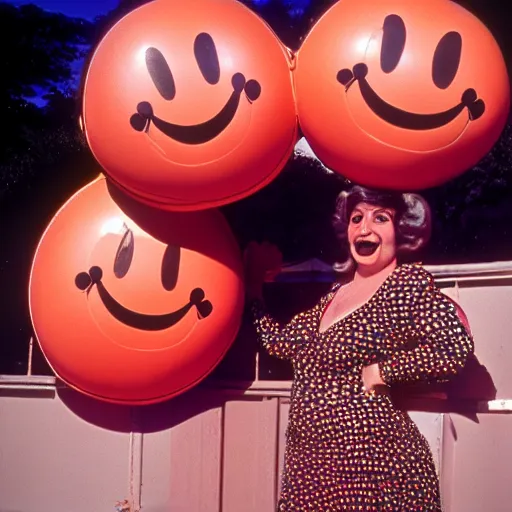 Prompt: 1976 glamorous curvy woman wearing an inflatable smiley head, wearing a dress, in a small village full of inflatable animals, 1976 French film archival footage technicolor film expired film 16mm Fellini new wave John Waters Russ Meyer movie still