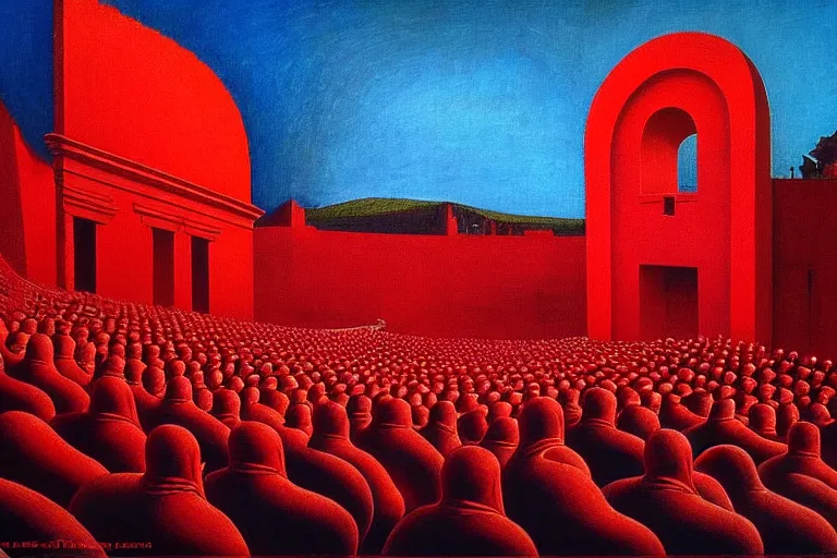 Prompt: only with red, a red great emperor, taormina amphitheatre, crowd with big smile, in the style of beksinski, parts by edward hopper, parts by rodcenko, parts by yue minjun, intricate and epic composition, red by caravaggio, insanely quality, highly detailed, masterpiece, red light, artstation, 4 k