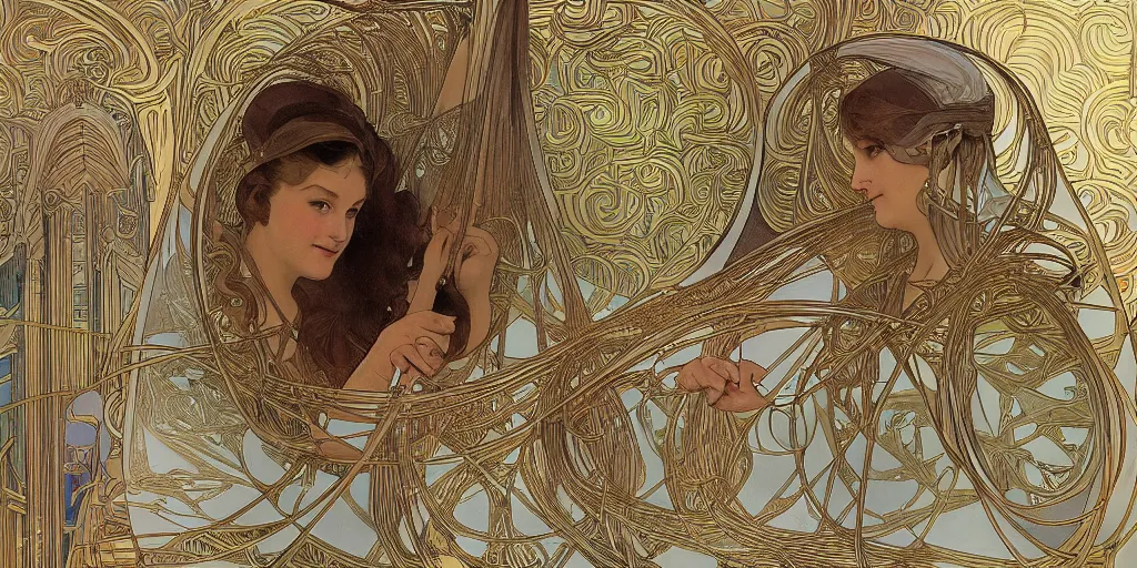 Prompt: knitting gold zaha hadid architecture by alphonse mucha